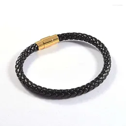 Bangle Fashion Men Stingray Leather Armband Guld Rostfritt stål Magnetiskt lås Flätade svarta PU -smycken