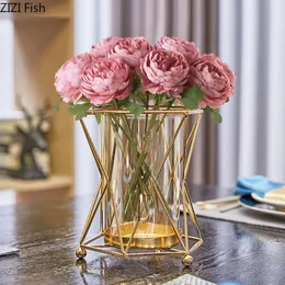 Vaser Golden Vase Metal Flowers Pot Floral Flower Arrangement Plated Alloy Glass Vases Desk Decoration Modern lyxig heminredning 230522