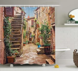 Tende da doccia Decorazioni toscane Tenda da doccia Strada mediterranea con case nella città italiana Cultura rurale Stampa Set da bagno in tessuto con ganci 230523