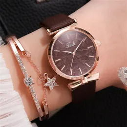 2pcs Women Diamond Watch Round Dial Luxury Small Exquisite Women's Bracelet Watches Set Leather Band Quartz Clock Zegarek Wri182H