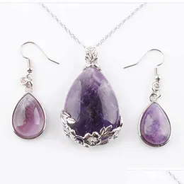 Pendientes Collar Curación Conjunto de Cristal Púrpura Gota de Agua Reiki Colgante de Piedra de Amatista Natural Para Mujeres Conjuntos de Joyas Regalo Q3074 Deli Dh42Q