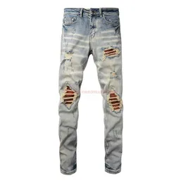 مصمم الملابس Amires Jeans Denim Pants High Street Amies Fashion Brand 887 Blue Scretched Hole Patch Trend Trend Slim Straight Foot Jals Male Male Dis
