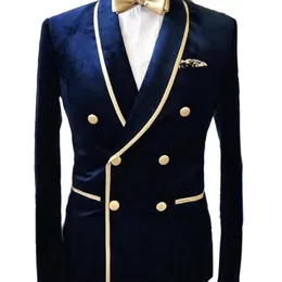 Marineblaue zweireihige Hochzeits-Smoking-Bräutigam-Schal-Revers-Samtanzüge für Herren, Party-Blazer, Abschlussball, Business-Designer-Jacke, nur ein P297l