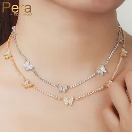 Necklaces Pera Adjustable Fashion Butterfly Shape Yellow Gold Color Round CZ Zirconia Link Chain Chokers Necklace for Ladies Jewelry P017