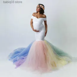 Moderskapsklänningar Rainbow Tutu Dresses Maternity Photography Props Graviditetsklänning Photography Fishtail Maternity Dress for Photo Shoot Maxi Dress T230525