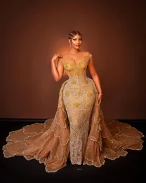 2023 AMVCA Aso Ebi Gold Mermaid Prom Dress Sequined Lace Tulle Evening Formal Party Second Reception Birthday Engagement Gowns Dress Robe De Soiree ZJ308