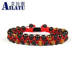 Bangle Ailatu New Men Bracelet Double Beaded 6mm Tiger Eye Matte Onyx Stone Beads Friendship Red String Braiding Bracelets
