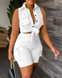 レディースツーピースパンツ2ピースセット女性の外見夏のファッションボタンボタンポケットデザインターンダウンカラースリーブレストップカジュアルショーツセット230522