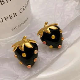 Stud brand new french retro vintage style black color small strawberry earring ear studs for women brass plated 18K gold