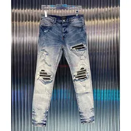 Designerkläder amires jeans denim byxor amies tvättade skadade borstade med silverbeläggning svart kombination läder blå jeans smal passformad rippad skinny