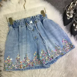 Shorts 2023 Summer European Fashion Studded Pearl Sequins High midjen Slim Casual Wide Leg Denim Women's Loose Short Pants