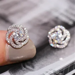 Vecalon Flower Stud Earring Pave Aaaaa CZ Real 925 스털링 실버 매력 파티 웨딩 스터드 이어링 여성 신부 보석