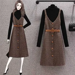 Vestidos de trabalho Mulheres Autumn Winter Suit Sweater Black Pullover Tweed Skirt Conjunto de malha de malha de mangas compridas tais de peito de cinto com vestido xadrez de cinto