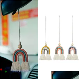 Party Favor Hand Woven Rainbow Car Decoration Pendant Wooden Beads Cotton Rope European Style Aromatherapy Pendants 3 Colors Drop De Dhkjr