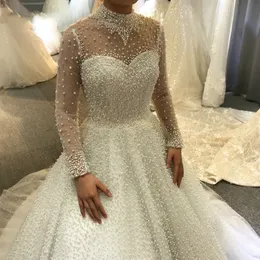 Роскошное свадебное платье A-Line High Neck Full Pearls Beading Princess Bridal Party Gown vestidos de novia Customed Robe de Mariage 2023
