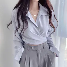 Kvinnors blusar Mingliusili vintage kort kvinnor skjorta koreansk stil elegant långärmad blusa feminina fasta designknappar snörning blå