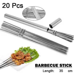 BBQ Tools Accessories Skewers for Grilling Storage Tube Stainless Steel Barbecue Skewer Needle Sticks Metal Flat Forks Kitchen Camping Gadgets 230522