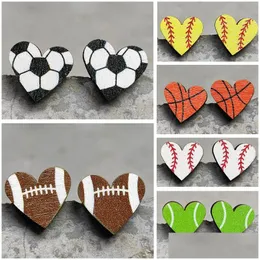 Stud Heart Sports Baseball Earrings Rugby Football Basketball Wood Fashion Accessories Drop Leverans smycken DHCRP