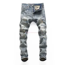 Designer Clothing Amires Jeans Denim Pants Amies 8374 Autumnwinter High Street Fashion Trend Mens Light Color Hole Patch Jeans Youth Fit Printed Motorcycle Pants Di