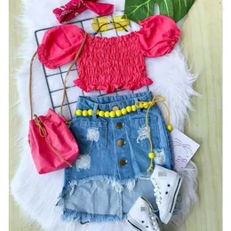 Roupas Conjuntos de roupas FocusNorm 2pcs moda crianças garotas roupas de verão 2-7y babos de manga soprada de tampas sólidas de ombro