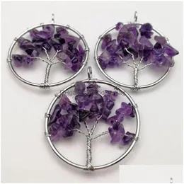 Pendant Necklaces Natural Gem Stone Colored Round Tree Of Life Pendum For Women Healing Chakra Reiki Jewelry Bh002 Drop Delivery Pend Dhylu