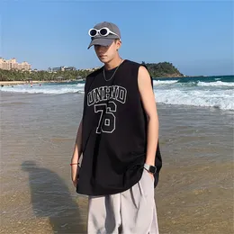 Herren-Tanktops, Herren-Sommer-Strand-Tanktops, koreanische Mode, ärmelloses Hemd, lockeres Unterhemd, 100 % Baumwolle, Weste, männlich, lässig, Urlaubswesten, Schwarz, 230522