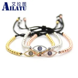Bracelets Ailatu Trendy Jewelry 4mm 라운드 놋쇠 구슬 패션 마이크로 포장 CZ 아이 브레이딩 마크라메 팔찌.