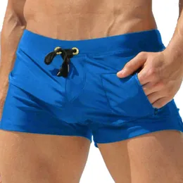 Mäns badkläder Mens Swim Bottoms Elastic Waistband Drawstring Boyshorts Shorts With Side Pocket Surfing Bathing Sport Swimming Trunk