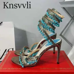 Rhinestone String Bead Sandals Woman High Heels Ankle Strap Summer Shoes Woman Crystal Fringing Stiletto Gladiator Sandals Women X230523