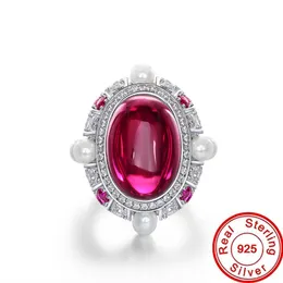 Vintage 13*18mm Pigeon Blood Ruby Diamond Ring% 100 Gerçek 925 STERLING Gümüş Nişan Düğün Bankaları Kadın Mücevherleri