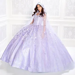 Mexican Vestido De 15 Anos Lilac Charro Quinceanera Dresses with Cloak Lace Applqiued Corset Sweet 16 Dress Abiti Da Cerimonia