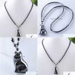 Pendant Necklaces Black Non Magnetic Cat Necklace Natural Hematite Stone Beads Strand 18 Length Fashion Jewelry Gift F3036 Drop Deli Dhlyd