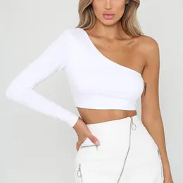 Women's T-Shirt CDJLFH Sexy One Shoulder Crop Top T Shirt Women Diagonal Collar Long Sleeve Tshirt Slim Fit Casual Basic White Bodycon Tees Tops 230522