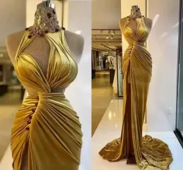 Gold Velvet Prom Dresses Elegant Ruched Long Sweep Train Mermaid Evening Party Gowns Side Slit High Neck Crystals Beading Sleeveless Arabic Robe de Custom BC14502