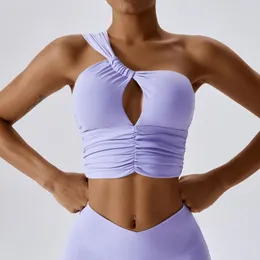 Yoga Outfit Cuties Ruched One Shoulder Sports Bra Strong Woman Cutout Purple Top Pleated Gym Fitness Push Up Ropa Deportiva