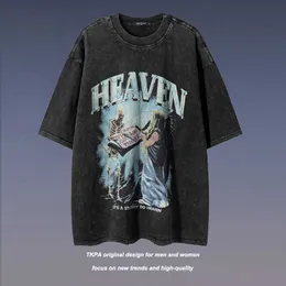 TKPA High Fashion Skull Print Wash Crewneck Tee Shirt Hip-hop Street Short Sleeve T-shirt Men and Women