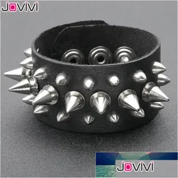 Other Bracelets Jovivi Wide Genuine Leather Spike Studded Rivet Biker Skl Bangle Cuff Bracelet Punk Rock Black Adjustable Wr Dhgarden Dh1Dg