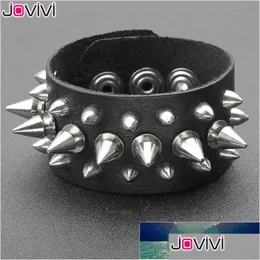 Andere Armbänder Jovivi Wide Echtes Leder Spike Studded Rivet Biker Skl Armreif Manschettenarmband Punk Rock Schwarz Einstellbar Wr Dhgarden Dh1Dg