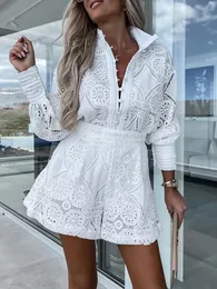 Women's Two Piece Pants Lace Shorts Sets Women Casual Hollow Out Suit Female Stand Collar Single Breasted Long Sleeve Shirt And Short Pants Outfits 230522