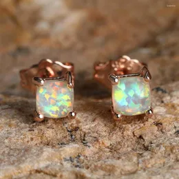Stud Earrings Simple Rose Gold Color Square Fire Opal For Women Charm Stone 4/5/6/7MM Ear Bone Studs Girls Cute Jewelry