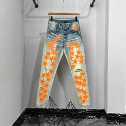 디자이너 의류 Amires Jeans 데님 바지 22 하이 스트리트 패션 브랜드 Amies Star Orange Broken Jeans Mens 악세사리 세탁 물 탄성 슬림 피트 바지 824 Distr