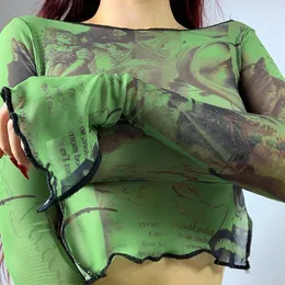 Kadın T-Shirt Doury Grafik Baskı Yeşil Mesh Sheer T-Shirt Uzun Parlama Kılıf İnce Mahsul Üstler Seksi Bakın Kadın Üstleri Y2K Vintage Grunge 230522