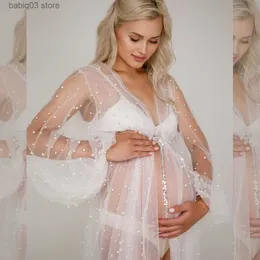 Maternity Dresses Maternity Photography Stereo Pearl Full Sleeve Tulle Coat Sexy Perspective Long Dress Pregnancy Gowns For Photo Shoot T230523