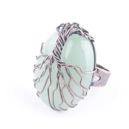 Solitaire Ring Natural Stone Aventurine Bead Antika ringar för kvinnor Finger Smycken Wire Wrapped Tree of Life Justerbar x3058 Drop D DH7MI