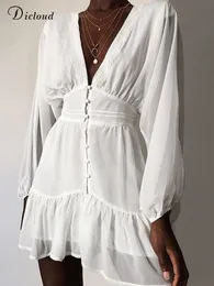 Grundläggande avslappnade klänningar Dicloud Chiffon Summerklänningar för kvinnor V Neck White Lace Patchwork Långärmad bröllopsfest klänning Elegant Ruffle Vestidos 230522