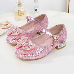 Sneakers Childrens High Heel Princess Shoes Fashion Bow Spring Autumn Girls Sandals de casamento de festa H852 230522