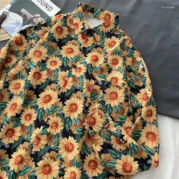 Kvinnors blusar krysantemum tryck vintage lös skjorta kvinnor blus män knäppt långärmad casual koreansk mode camisas mujer 2023