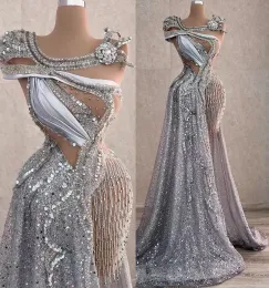 NEW Arabic Aso Ebi Sparkly Silver Luxurious Prom Dresses Beaded Crystals Evening Formal Party Second Reception Birthday Engagement Gowns Dress