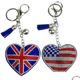 Keychains Lanyards American Flag Keychain Pendant Diamond Heart Tassel Key Chain Creative Gift Keyring Drop Delivery Fashion Access Dhncm