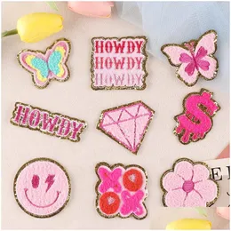 Sewing Notions Tools Iron Ones Pink Smile Face Butterfly Letter Cute Chenille Embroidered Decorative Appliques Sticker For Clothin Dh4M8
